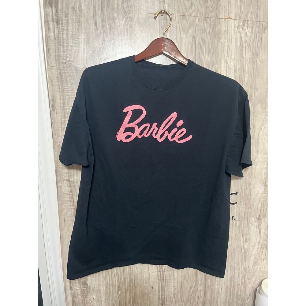 Women's Barbie shirt XL? No tag cursive spell out logo Mattel 2023 Black Pink
